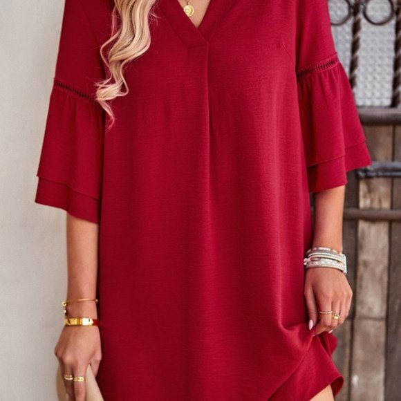 Notched Neck Flare Sleeve Pocket Dress - Picture 9 of 11